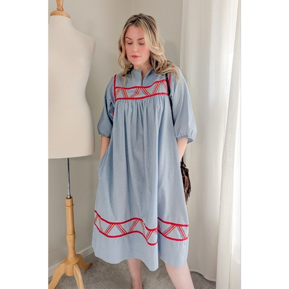 70s Blue Krist Gudnason for Rainbow Trim Cotton 1970s Vintage Midi Shift Dress - Picture 5 of 15
